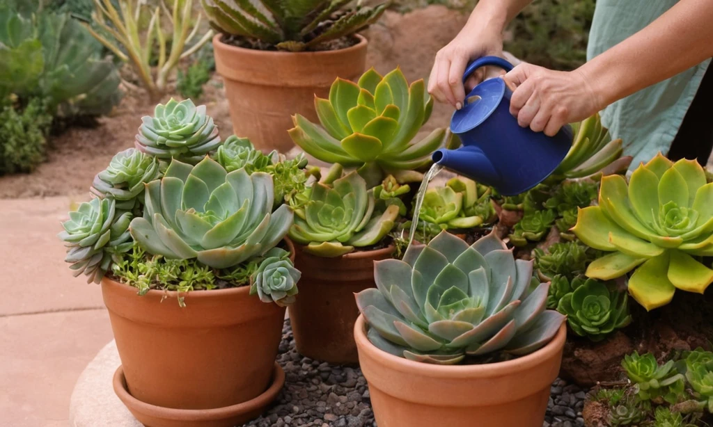 Jardín botánico entusiasta riego plantas suculentas con solución de líquido coloreado. Nota: En inglés Para maximizar el crecimiento de su planta del desierto a través de nutrientes esenciales