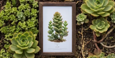 Gráfico de crecimiento botánico con semillas plantadas antes de una fotografía inspiradora de una planta suculenta cada vez mayor enlazada en viñedos y plantas. Optimizando el Crecimiento de los Suculentas.