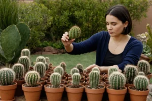 Mujer registrando diligentemente las tasas de crecimiento de las plantas de cactus en varias ollas en su jardín de patio trasero. El texto se muestra en letra más pequeña y letras redimensionadas para encajar dentro de una sola línea