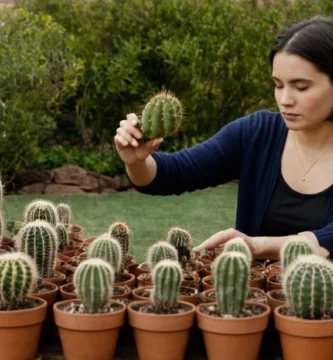 Mujer registrando diligentemente las tasas de crecimiento de las plantas de cactus en varias ollas en su jardín de patio trasero. El texto se muestra en letra más pequeña y letras redimensionadas para encajar dentro de una sola línea