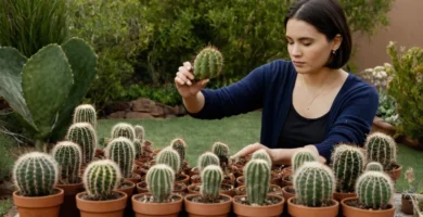 Mujer registrando diligentemente las tasas de crecimiento de las plantas de cactus en varias ollas en su jardín de patio trasero. El texto se muestra en letra más pequeña y letras redimensionadas para encajar dentro de una sola línea