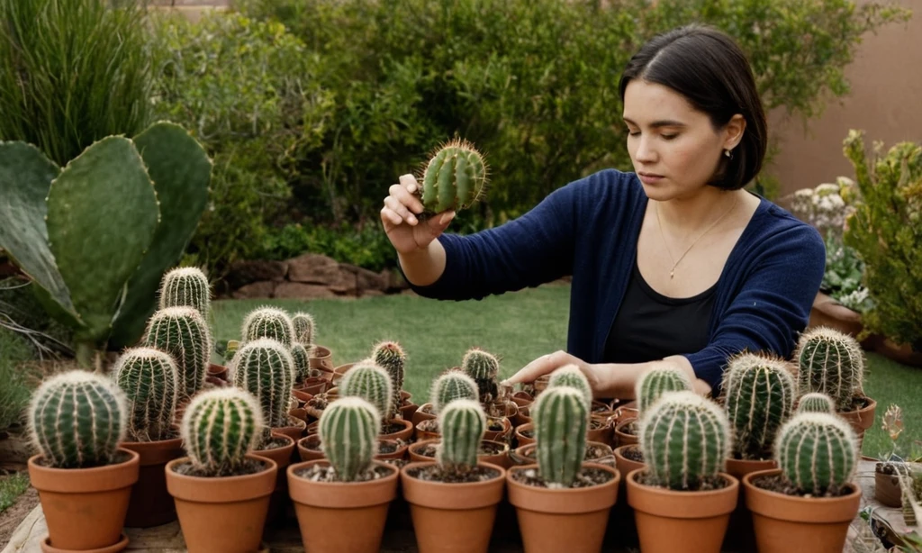 Mujer registrando diligentemente las tasas de crecimiento de las plantas de cactus en varias ollas en su jardín de patio trasero. El texto se muestra en letra más pequeña y letras redimensionadas para encajar dentro de una sola línea