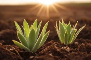 Esparciendo brotes de planta verde del desierto mirando desde debajo de la superficie del suelo mientras el sol se pone. Una ilustración de una temporada adecuada para plantar plantas suculentas en su jardín o invernadero.