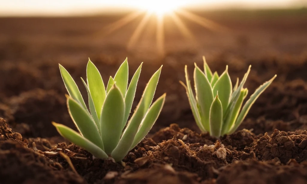 Esparciendo brotes de planta verde del desierto mirando desde debajo de la superficie del suelo mientras el sol se pone. Una ilustración de una temporada adecuada para plantar plantas suculentas en su jardín o invernadero.
