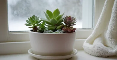 Planta pequeña sentada en una ventana