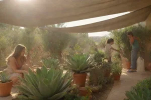 Mujer sosteniendo sus macetas de planta de cactus de colores brillantes mientras estaba de pie bajo un cielo azul nublado al aire libre. Ella los coloca cuidadosamente en escudos protectores de la luz solar directa y sigue cuidando su bienestar. La frase en español se traduce flojamente como Proteger a sus suculentas de la luz solar directa y mantener su salud