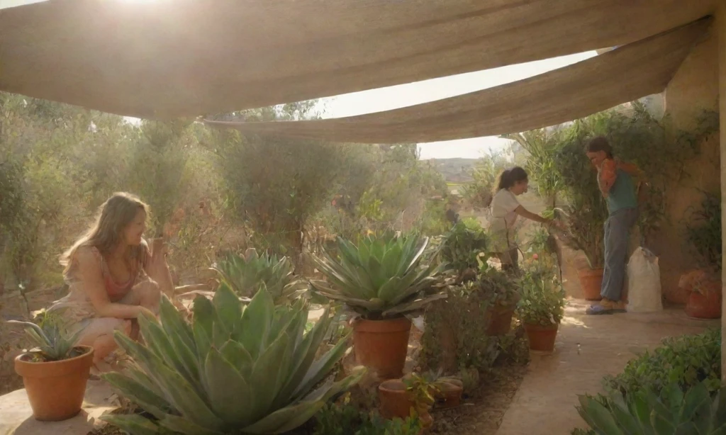 Mujer sosteniendo sus macetas de planta de cactus de colores brillantes mientras estaba de pie bajo un cielo azul nublado al aire libre. Ella los coloca cuidadosamente en escudos protectores de la luz solar directa y sigue cuidando su bienestar. La frase en español se traduce flojamente como Proteger a sus suculentas de la luz solar directa y mantener su salud