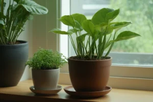 Plantas con sus hojas verdes y platillo decorativo lleno de agua al lado de la vida vegetal