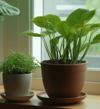 Plantas con sus hojas verdes y platillo decorativo lleno de agua al lado de la vida vegetal
