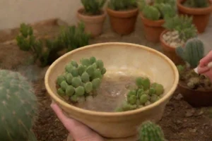 Ilustración botánica de tres cactus pequeños con gotas de agua y la frase Instrucciones de riego para los suculentas explicadas por escrito bajo ellas en letras audaces.