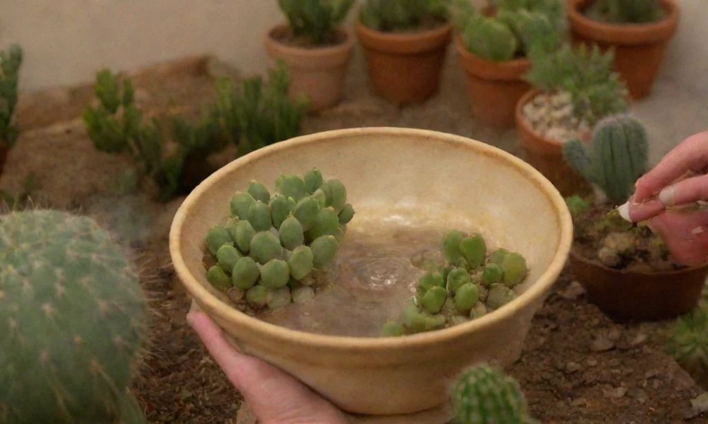 Ilustración botánica de tres cactus pequeños con gotas de agua y la frase Instrucciones de riego para los suculentas explicadas por escrito bajo ellas en letras audaces.