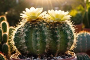 Planta con hojas que florecen afuera y la luz del sol brillando brillantemente por la mañana. La frase indica que el aumento del potencial de crecimiento óptimo para una planta de cacti requiere estas horas tempranas