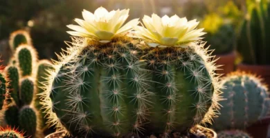 Planta con hojas que florecen afuera y la luz del sol brillando brillantemente por la mañana. La frase indica que el aumento del potencial de crecimiento óptimo para una planta de cacti requiere estas horas tempranas