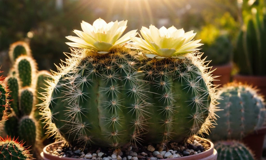 Planta con hojas que florecen afuera y la luz del sol brillando brillantemente por la mañana. La frase indica que el aumento del potencial de crecimiento óptimo para una planta de cacti requiere estas horas tempranas