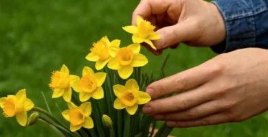 La persona de habla hispana que sostiene una colección de pequeñas flores amarillas
