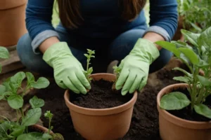Una mujer ajusta cuidadosamente los agujeros de drenaje cerca de su suelo mientras sostiene una olla de planta con guantes hongos protectores.