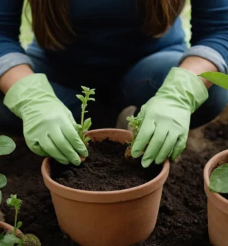 Una mujer ajusta cuidadosamente los agujeros de drenaje cerca de su suelo mientras sostiene una olla de planta con guantes hongos protectores.