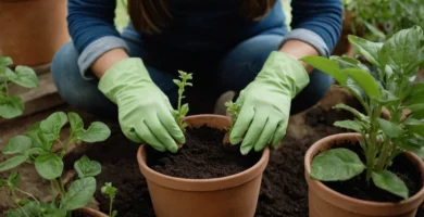 Una mujer ajusta cuidadosamente los agujeros de drenaje cerca de su suelo mientras sostiene una olla de planta con guantes hongos protectores.