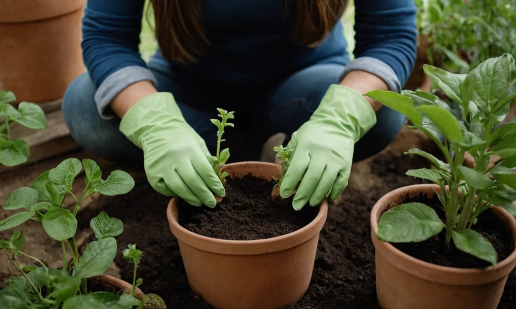 Una mujer ajusta cuidadosamente los agujeros de drenaje cerca de su suelo mientras sostiene una olla de planta con guantes hongos protectores.