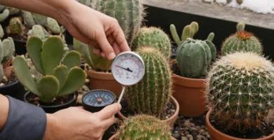 El cultivador vegetal comprueba el medidor de temperatura para su jardín de cactus
