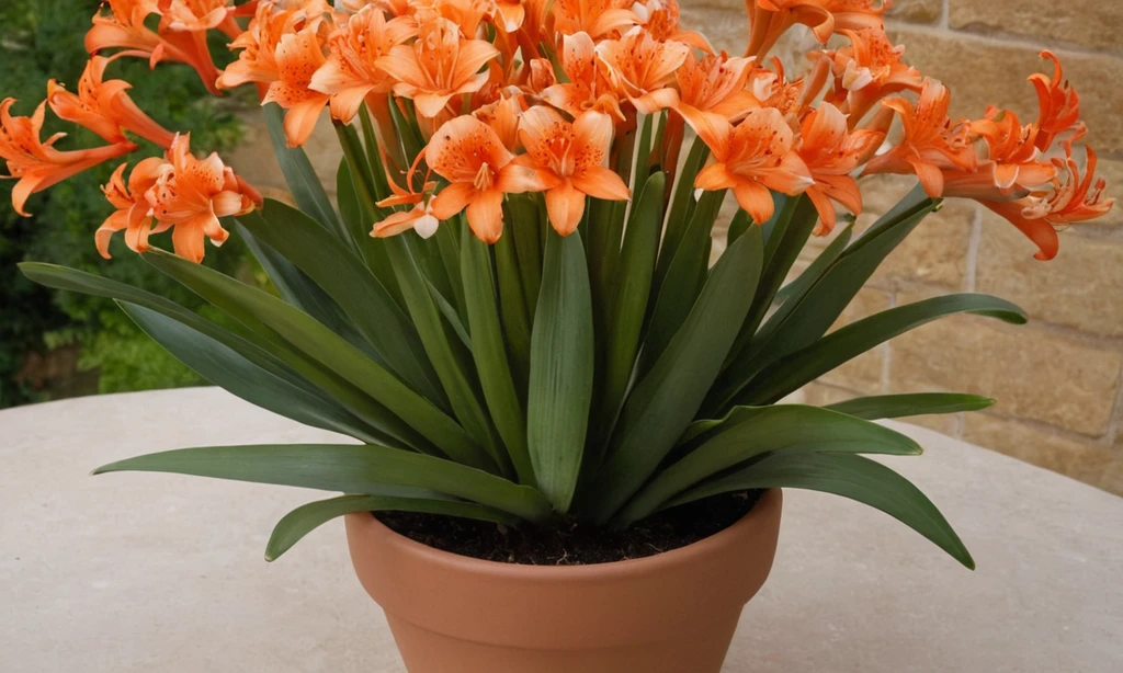 Florero con flores gastadas de la clivia de flores de colores brillantes