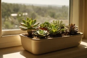 Contenedor lleno de plantas suculentas colocadas en un ventanal orientado directamente al sol