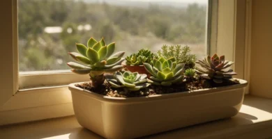 Contenedor lleno de plantas suculentas colocadas en un ventanal orientado directamente al sol