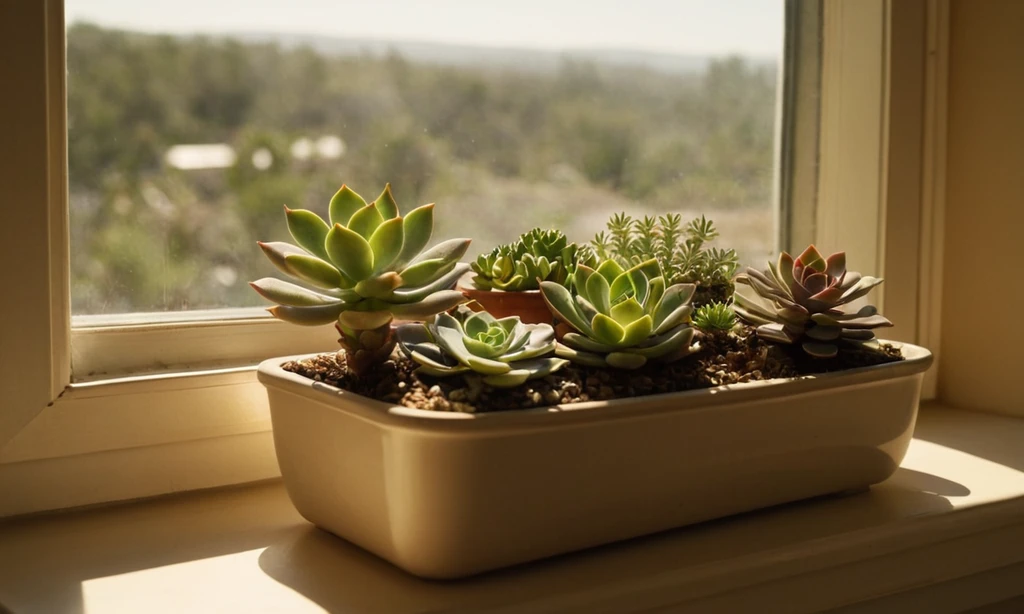 Contenedor lleno de plantas suculentas colocadas en un ventanal orientado directamente al sol