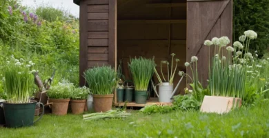 Un cobertizo de jardín lleno de herramientas y plantas de jardinería