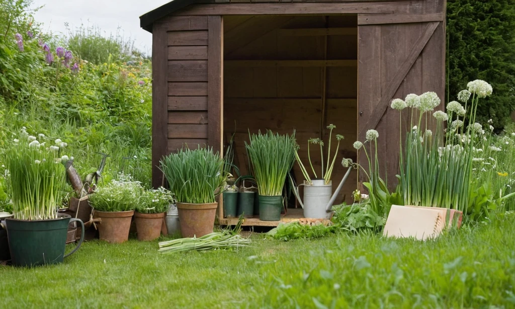 Un cobertizo de jardín lleno de herramientas y plantas de jardinería