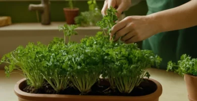 Persona cosechando perejil de una olla pequeña en su mostrador de cocina