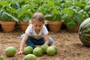 Iniciación al cultivo de melones en un parque infantil con padres que aprietan la primera nuez mientras las pequeñas de diez años observan. Inclusión de instrucciones detalladas sobre el riego