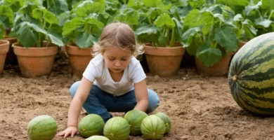Iniciación al cultivo de melones en un parque infantil con padres que aprietan la primera nuez mientras las pequeñas de diez años observan. Inclusión de instrucciones detalladas sobre el riego