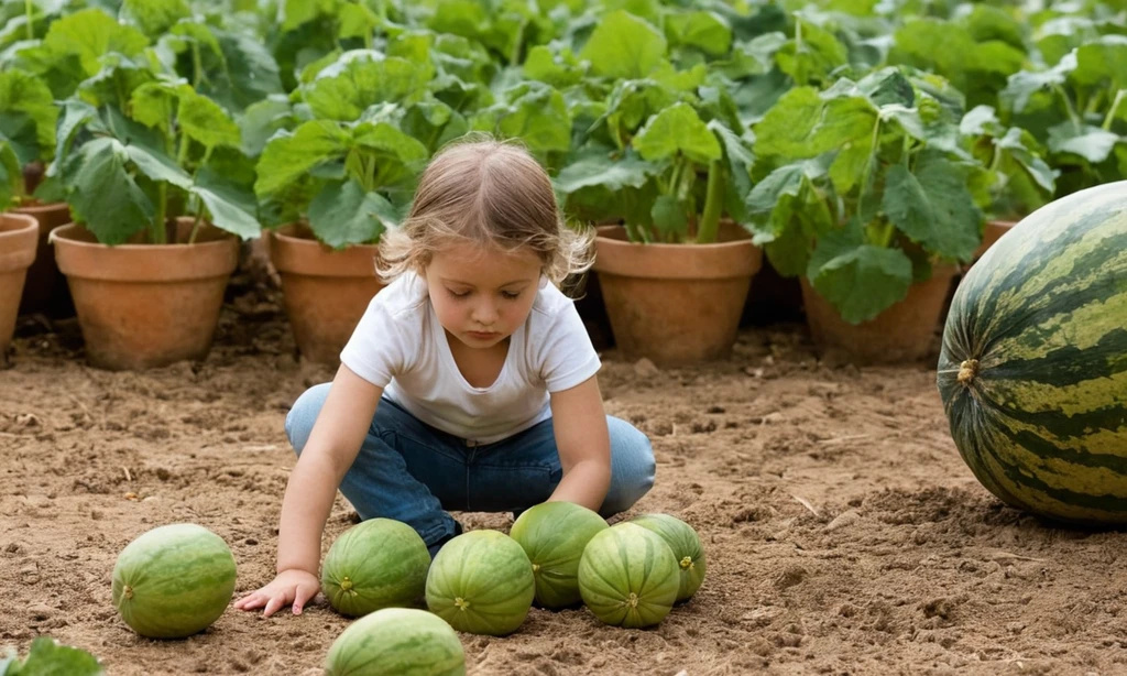 Iniciación al cultivo de melones en un parque infantil con padres que aprietan la primera nuez mientras las pequeñas de diez años observan. Inclusión de instrucciones detalladas sobre el riego