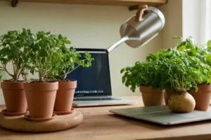 Persona con riego puede regar pequeñas plantas con plantadores interiores colocados en la mesa junto a un portátil que muestra el título en español. El texto lee Cómo cultivar patatas en macetas: guía práctica y sencilla (Cómo cultivar patatas en macetas: guía práctica y sencilla).