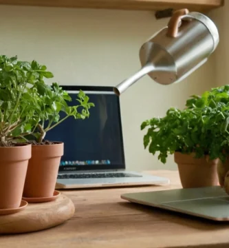 Persona con riego puede regar pequeñas plantas con plantadores interiores colocados en la mesa junto a un portátil que muestra el título en español. El texto lee Cómo cultivar patatas en macetas: guía práctica y sencilla (Cómo cultivar patatas en macetas: guía práctica y sencilla).