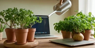 Persona con riego puede regar pequeñas plantas con plantadores interiores colocados en la mesa junto a un portátil que muestra el título en español. El texto lee Cómo cultivar patatas en macetas: guía práctica y sencilla (Cómo cultivar patatas en macetas: guía práctica y sencilla).