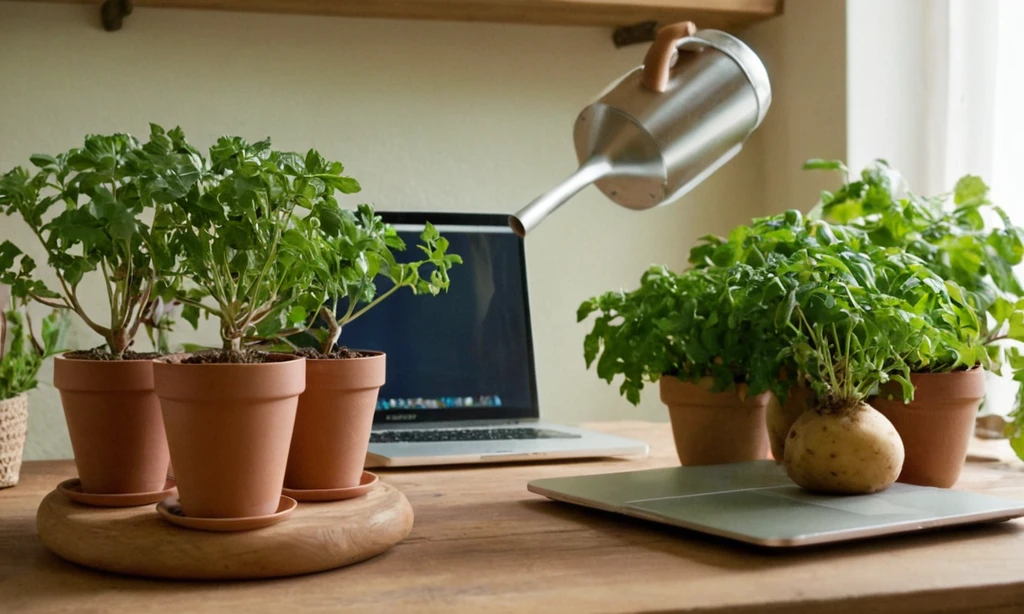 Persona con riego puede regar pequeñas plantas con plantadores interiores colocados en la mesa junto a un portátil que muestra el título en español. El texto lee Cómo cultivar patatas en macetas: guía práctica y sencilla (Cómo cultivar patatas en macetas: guía práctica y sencilla).