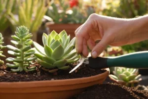 Guía que refleja el sol en una persona cara con herramientas de jardinería en primer plano mientras alguien comienza a plantar semillas suculentas. El subtítulo lee desde Principiante a Expert Gardeners.