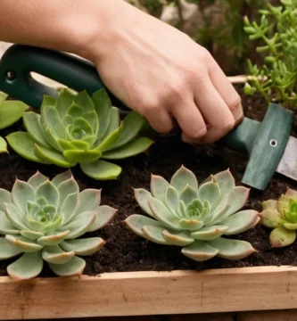 Persona que utiliza herramientas de jardinería para cuidar minuciosamente una colección de plantas suculentas montadas en una estructura tipo jardín dentro de un entorno urbano. Nota: Esta es una frase latina y su traducción al inglés requeriría habilidades de lenguaje extensas o el uso de software como Google Translate que proporciona texto auto-traducido. Es poco probable que se use en la conversación diaria en inglés