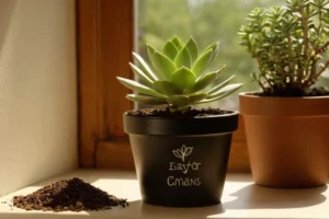 Planta suculenta empotrada con suelo y herramientas