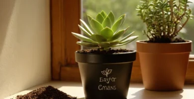 Planta suculenta empotrada con suelo y herramientas