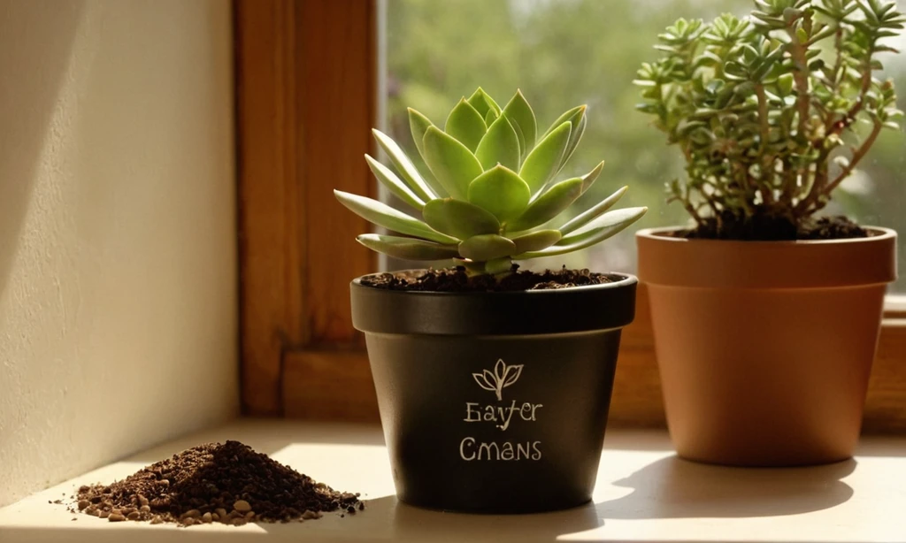 Planta suculenta empotrada con suelo y herramientas