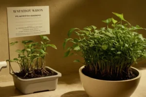 Planta con etiqueta indicando condiciones de agua - optimizar el crecimiento frente a una olla llena de agua