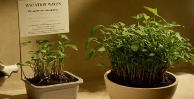 Planta con etiqueta indicando condiciones de agua - optimizar el crecimiento frente a una olla llena de agua