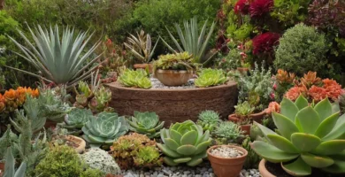 Jardín de flores con plantas suculentas como el punto focal