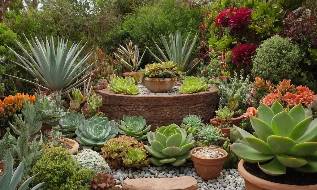 Jardín de flores con plantas suculentas como el punto focal