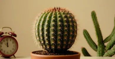 Cactus flexibles o planta suculenta que se extiende hacia el espectador mientras un reloj marca en el fondo para representar el tiempo transcurrido. En español: Descubre la duración de vida de las suculentas: ¿Cuánto tiempo?