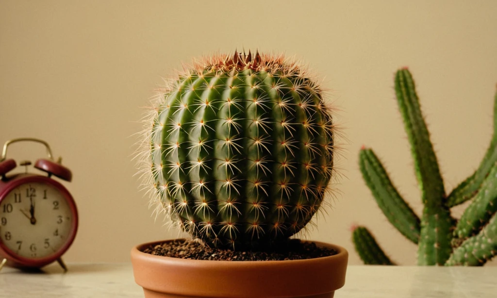 Cactus flexibles o planta suculenta que se extiende hacia el espectador mientras un reloj marca en el fondo para representar el tiempo transcurrido. En español: Descubre la duración de vida de las suculentas: ¿Cuánto tiempo?
