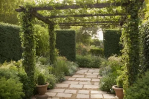 Un consultor de diseño de jardín cuidadosamente remolcando vides enredaded juntos